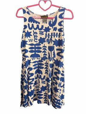 Nooworks Blue White Abstract Botanical Print Fit & Flare Dress Large